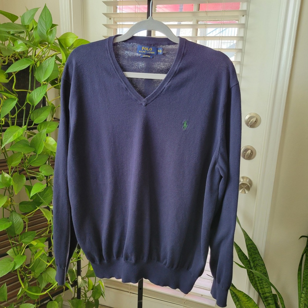 Polo Ralph Lauren Men XXL Navy Blue Pima Cotton V-Neck Sweater Green Pony Logo